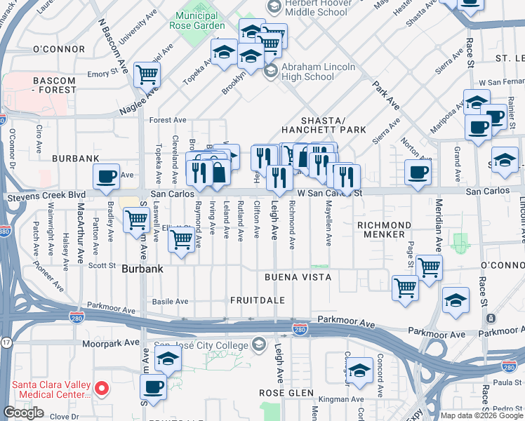 map of restaurants, bars, coffee shops, grocery stores, and more near 346 Clifton Avenue in San Jose