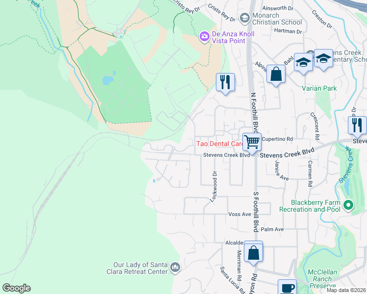 map of restaurants, bars, coffee shops, grocery stores, and more near 22851 Stonebridge in Cupertino