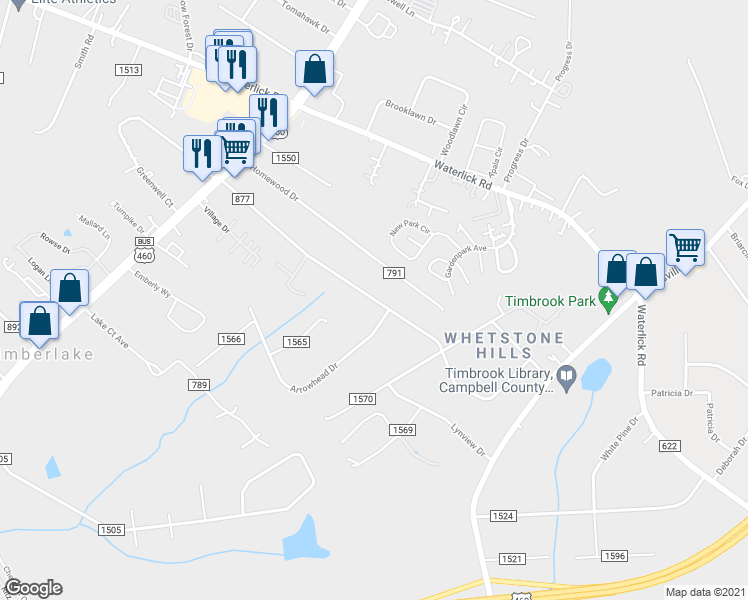 map of restaurants, bars, coffee shops, grocery stores, and more near 500 Whitestone Drive in Lynchburg