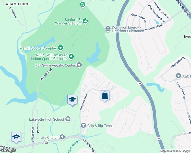 map of restaurants, bars, coffee shops, grocery stores, and more near 840 Vail Ridge in Williamsburg
