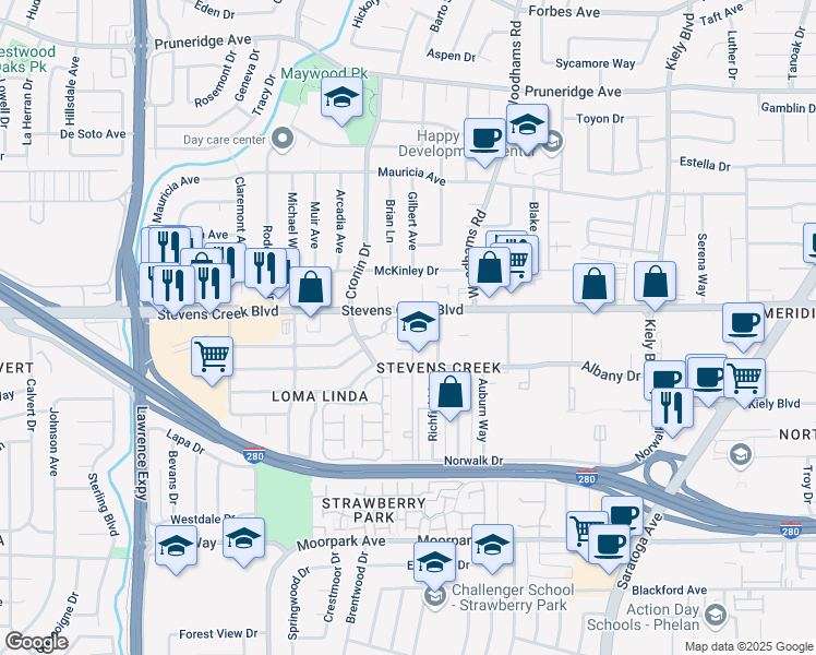 map of restaurants, bars, coffee shops, grocery stores, and more near 4661 Albany Circle in San Jose