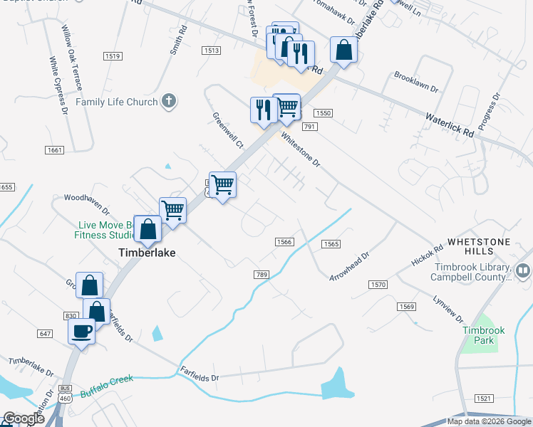 map of restaurants, bars, coffee shops, grocery stores, and more near 21934 Timberlake Road in Lynchburg