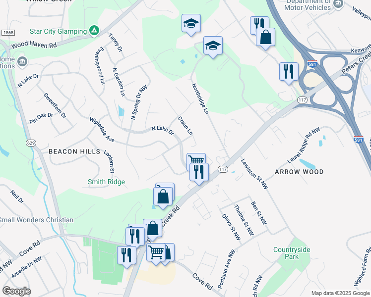 map of restaurants, bars, coffee shops, grocery stores, and more near 3213 Northside Rd in Roanoke