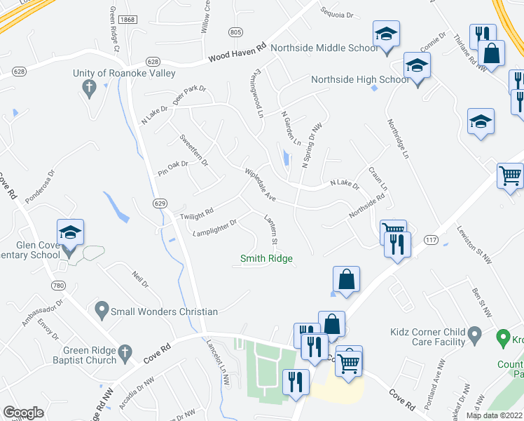 map of restaurants, bars, coffee shops, grocery stores, and more near 4935 Lantern Street in Roanoke