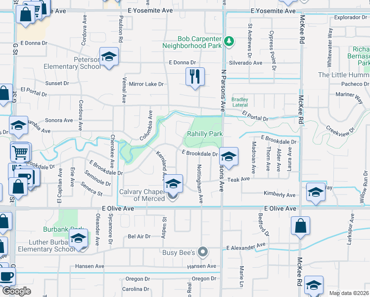 map of restaurants, bars, coffee shops, grocery stores, and more near 1445 East Brookdale Drive in Merced