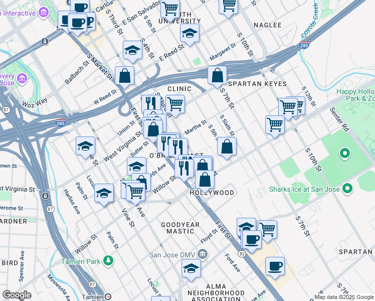 map of restaurants, bars, coffee shops, grocery stores, and more near 941 South 3rd Street in San Jose