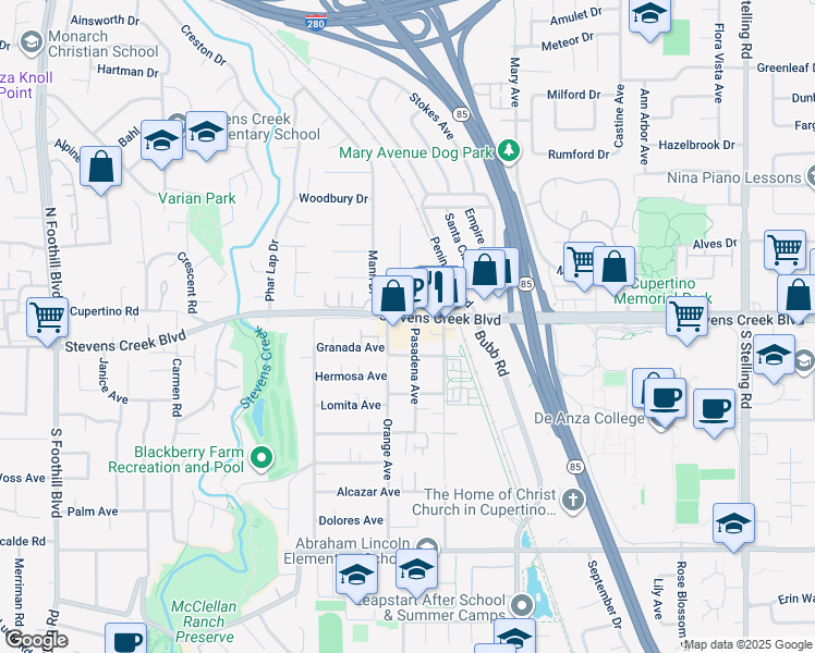 map of restaurants, bars, coffee shops, grocery stores, and more near 21730 Stevens Creek Boulevard in Cupertino