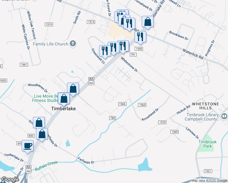 map of restaurants, bars, coffee shops, grocery stores, and more near 21934 Timberlake Road in Lynchburg