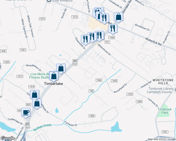 map of restaurants, bars, coffee shops, grocery stores, and more near 21934 Timberlake Road in Lynchburg