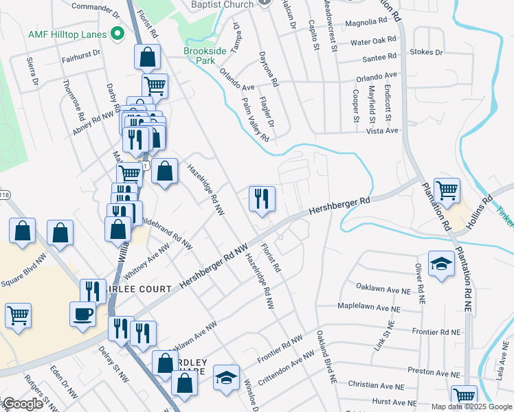 map of restaurants, bars, coffee shops, grocery stores, and more near 420 Bluebell Lane in Roanoke