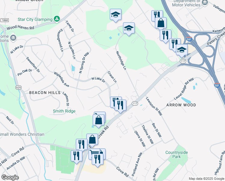 map of restaurants, bars, coffee shops, grocery stores, and more near 3213 Northside Rd in Roanoke