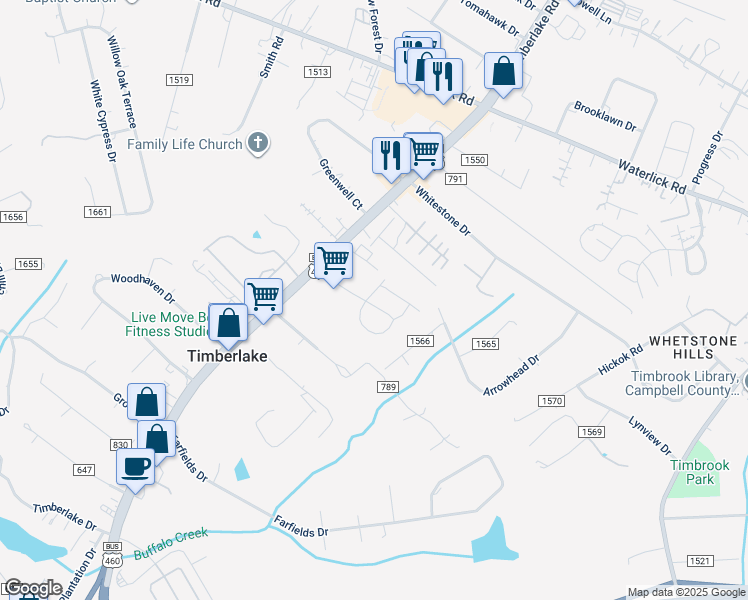 map of restaurants, bars, coffee shops, grocery stores, and more near 21934 Timberlake Road in Lynchburg