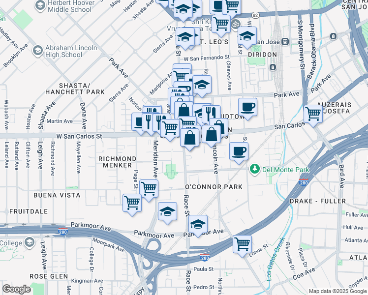 map of restaurants, bars, coffee shops, grocery stores, and more near 1290 West San Carlos Street in San Jose