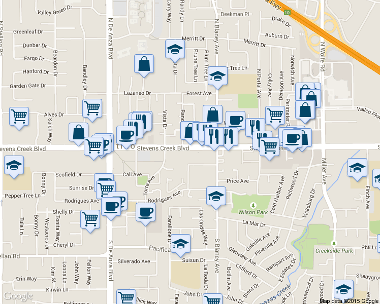map of restaurants, bars, coffee shops, grocery stores, and more near 20128 Stevens Creek Boulevard in Cupertino