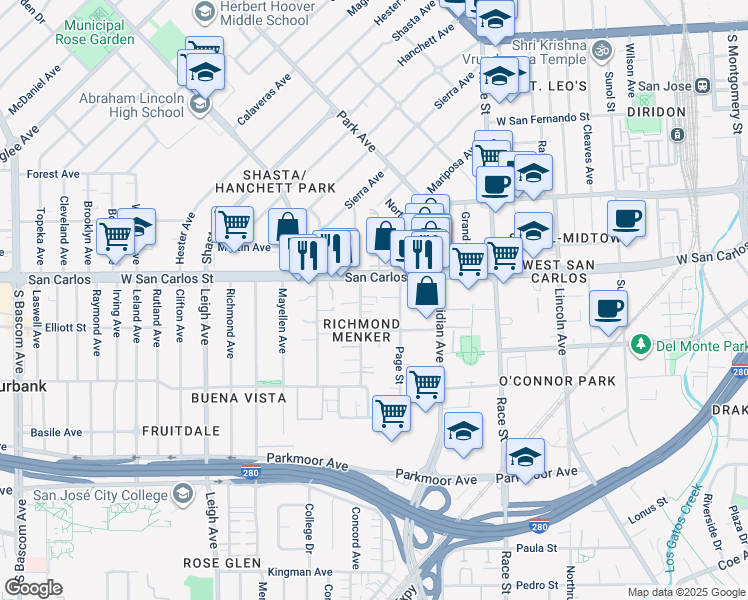 map of restaurants, bars, coffee shops, grocery stores, and more near 326 Willard Avenue in San Jose