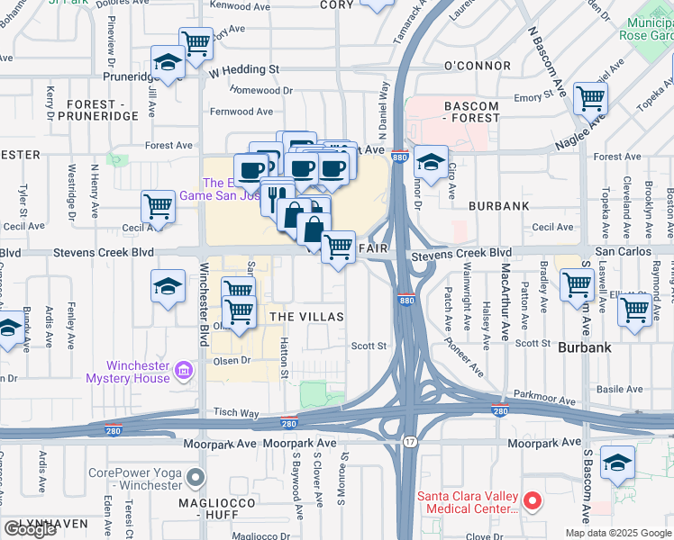 map of restaurants, bars, coffee shops, grocery stores, and more near 2850 Stevens Creek Boulevard in San Jose