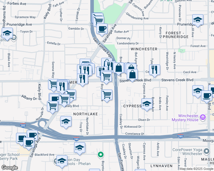 map of restaurants, bars, coffee shops, grocery stores, and more near 3640 Stevens Creek Boulevard in San Jose