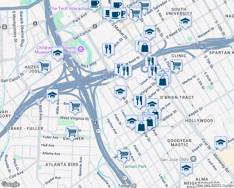 map of restaurants, bars, coffee shops, grocery stores, and more near 701 Vine Street in San Jose