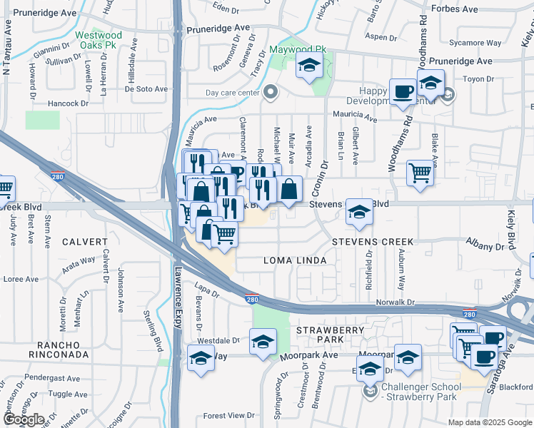 map of restaurants, bars, coffee shops, grocery stores, and more near in Santa Clara