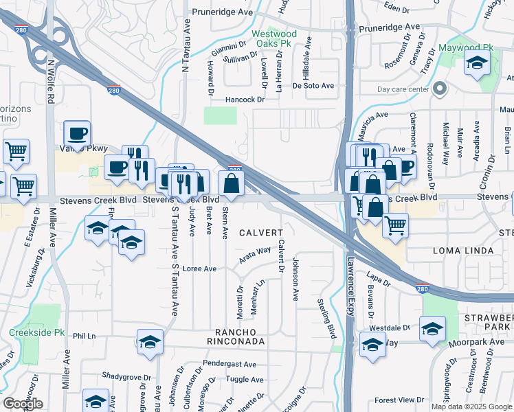 map of restaurants, bars, coffee shops, grocery stores, and more near 5608 Stevens Creek Boulevard in Cupertino