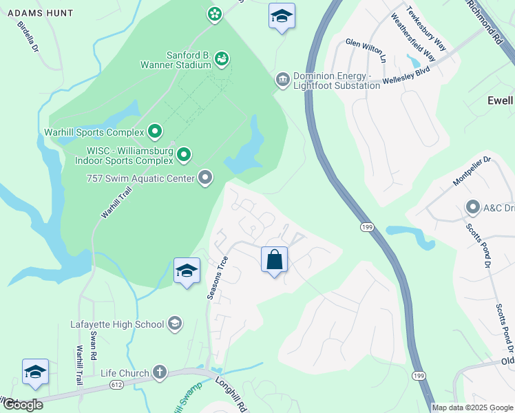 map of restaurants, bars, coffee shops, grocery stores, and more near 831 Vail Ridge in Williamsburg
