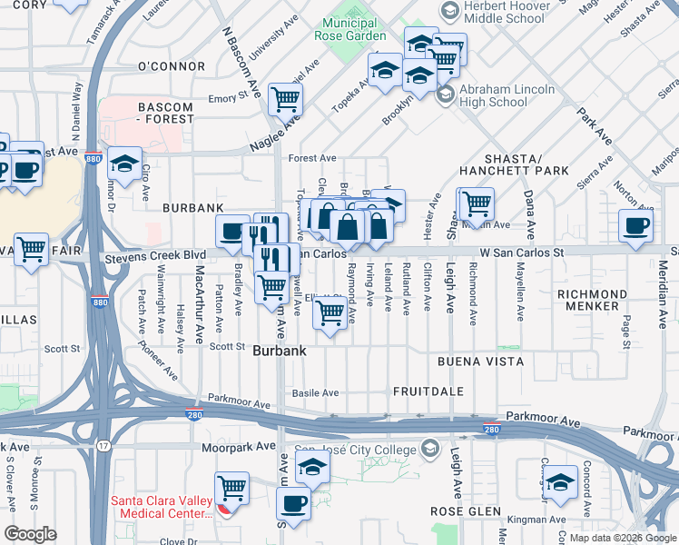 map of restaurants, bars, coffee shops, grocery stores, and more near 330 Arleta Avenue in San Jose