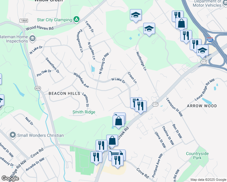 map of restaurants, bars, coffee shops, grocery stores, and more near 5138 Wipledale Avenue in Roanoke