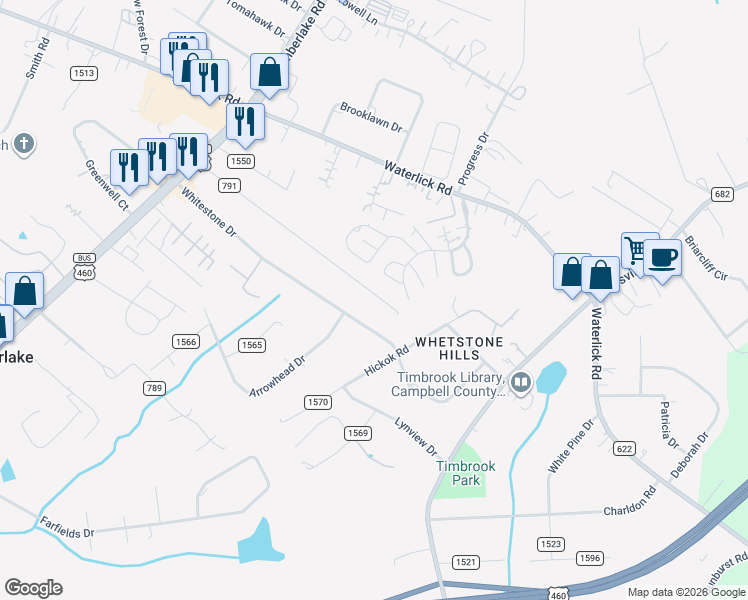 map of restaurants, bars, coffee shops, grocery stores, and more near 547 Homewood Drive in Lynchburg
