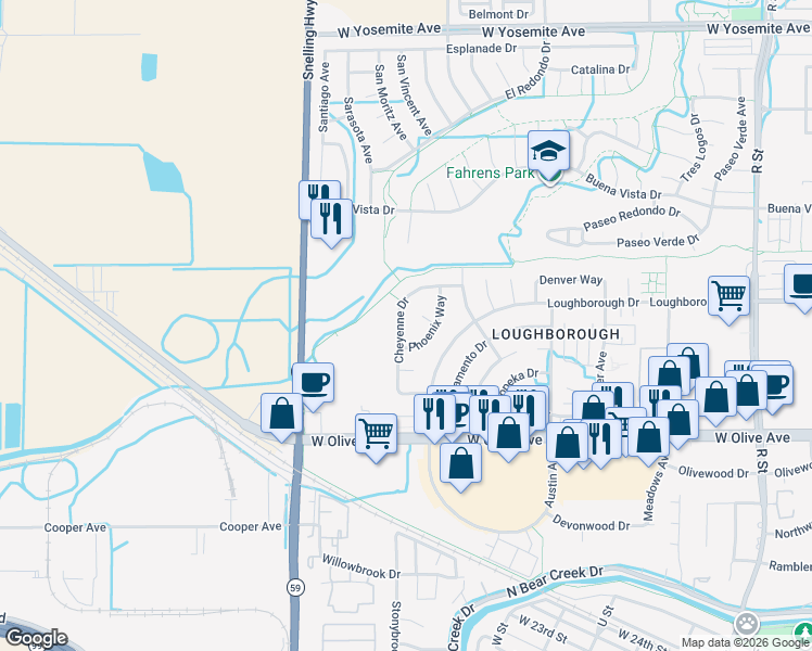 map of restaurants, bars, coffee shops, grocery stores, and more near 3290 Cheyenne Drive in Merced