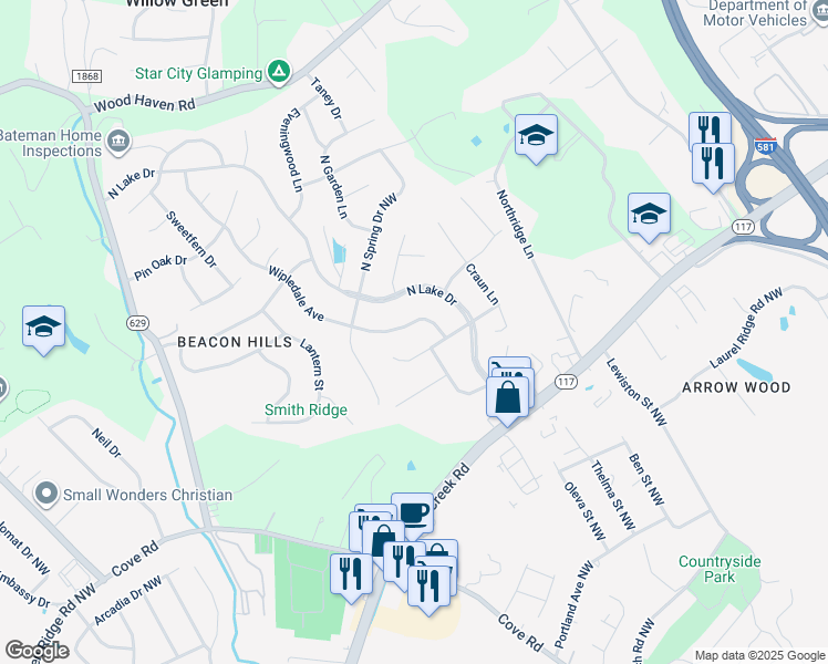 map of restaurants, bars, coffee shops, grocery stores, and more near 5138 Wipledale Avenue in Roanoke