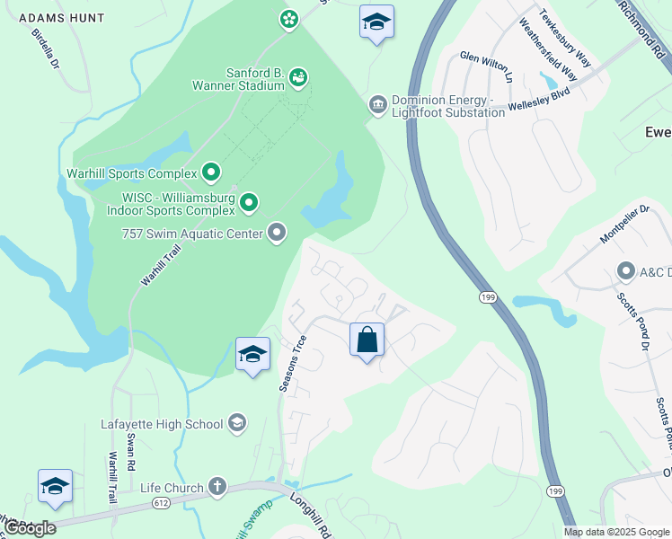 map of restaurants, bars, coffee shops, grocery stores, and more near 839 Vail Ridge in Williamsburg
