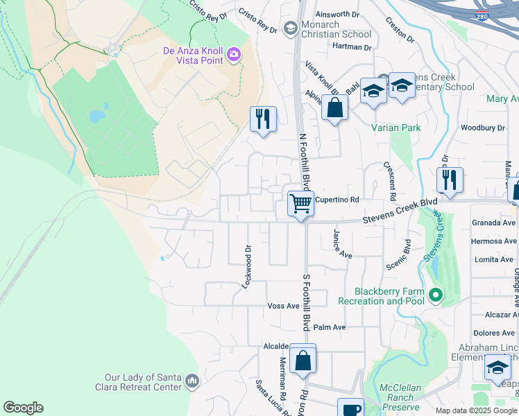 map of restaurants, bars, coffee shops, grocery stores, and more near 22672 Liberty Oak Lane in Cupertino