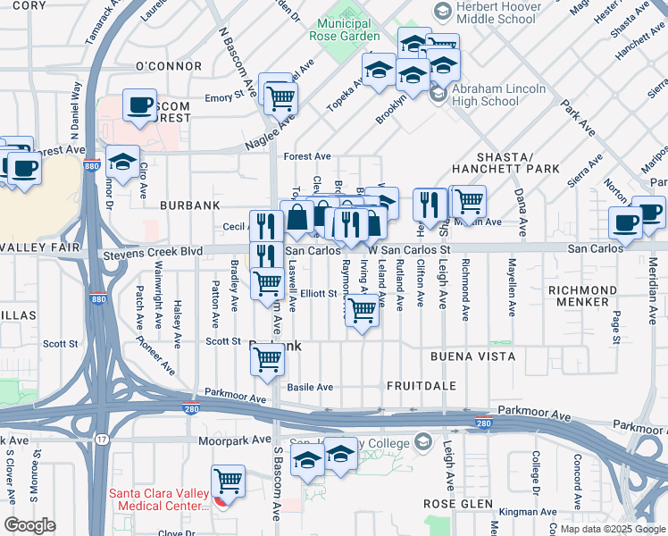 map of restaurants, bars, coffee shops, grocery stores, and more near 330 Arleta Avenue in San Jose