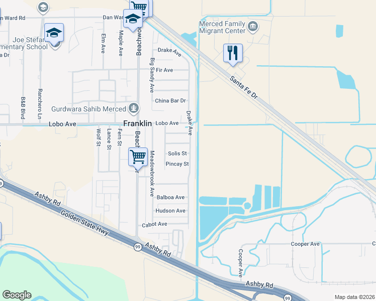 map of restaurants, bars, coffee shops, grocery stores, and more near 2394 Drake Avenue in Merced
