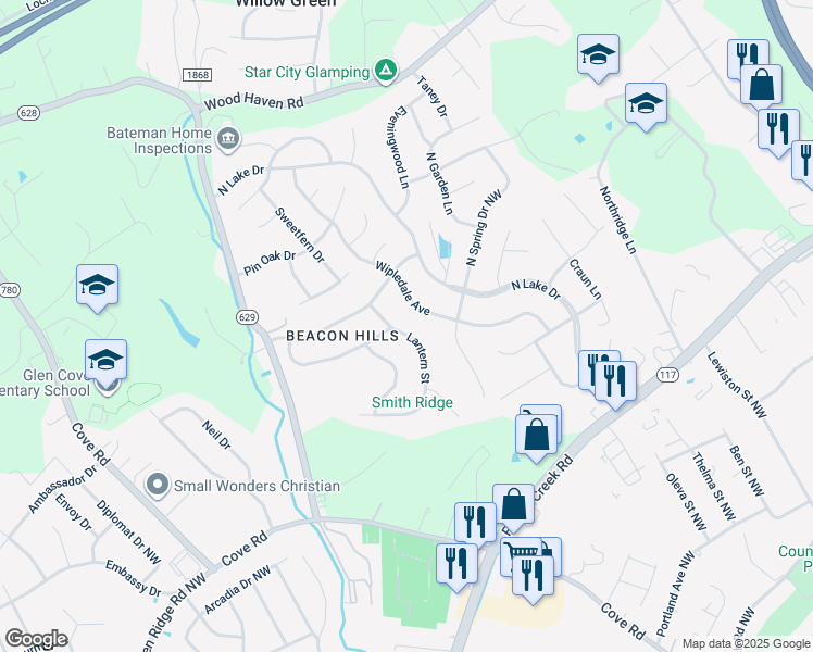 map of restaurants, bars, coffee shops, grocery stores, and more near 4935 Lantern Street in Roanoke