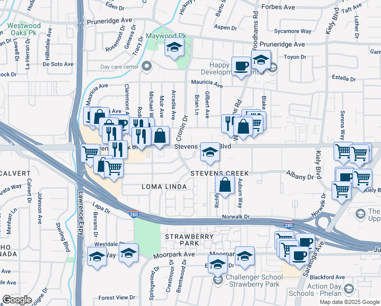 map of restaurants, bars, coffee shops, grocery stores, and more near 4650 Stevens Creek Boulevard in Santa Clara