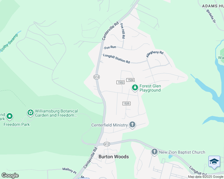 map of restaurants, bars, coffee shops, grocery stores, and more near 106 Forest Glen Drive in Williamsburg