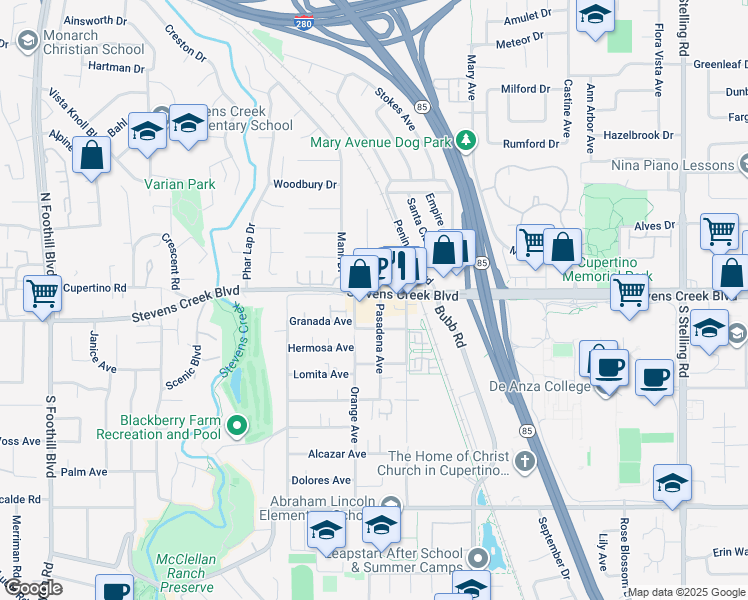 map of restaurants, bars, coffee shops, grocery stores, and more near 21730 Stevens Creek Boulevard in Cupertino