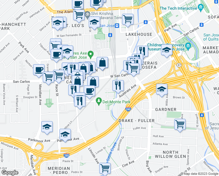 map of restaurants, bars, coffee shops, grocery stores, and more near 331 Bautista Place in San Jose