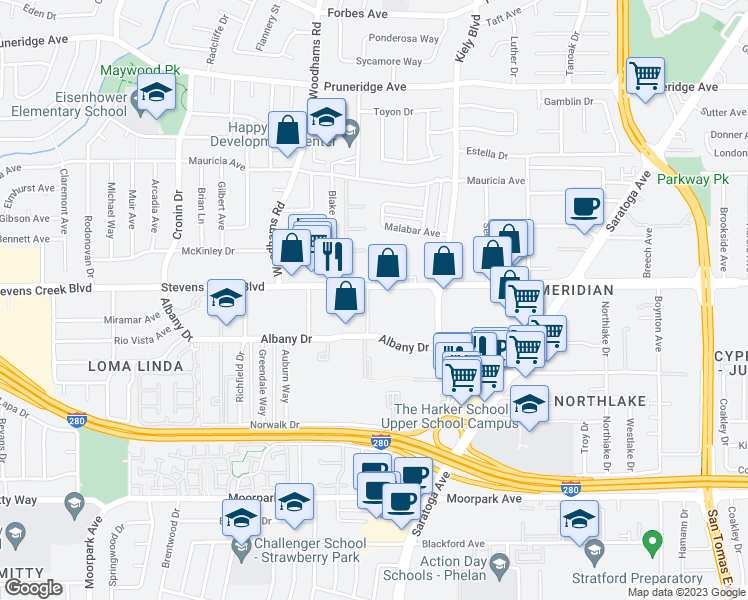 map of restaurants, bars, coffee shops, grocery stores, and more near 4300 Stevens Creek Boulevard in San Jose