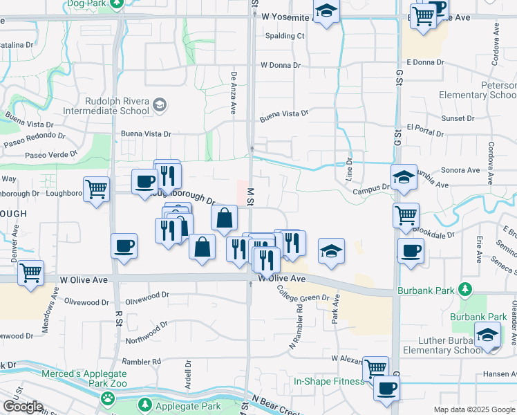 map of restaurants, bars, coffee shops, grocery stores, and more near 587 Collins Drive in Merced