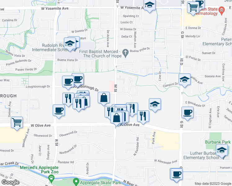 map of restaurants, bars, coffee shops, grocery stores, and more near 333 Collins Drive in Merced