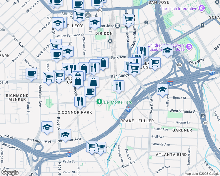 map of restaurants, bars, coffee shops, grocery stores, and more near 331 Bautista Place in San Jose