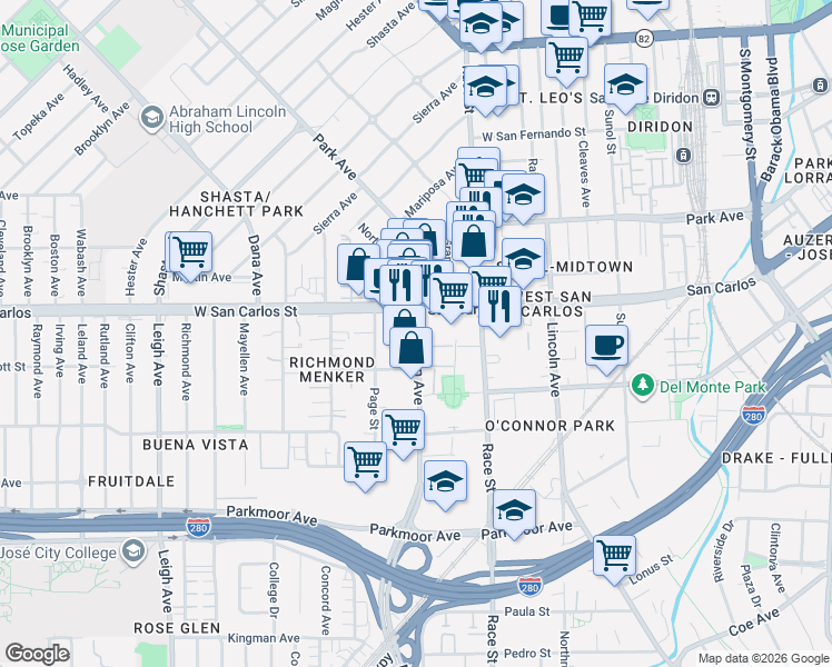 map of restaurants, bars, coffee shops, grocery stores, and more near in San Jose