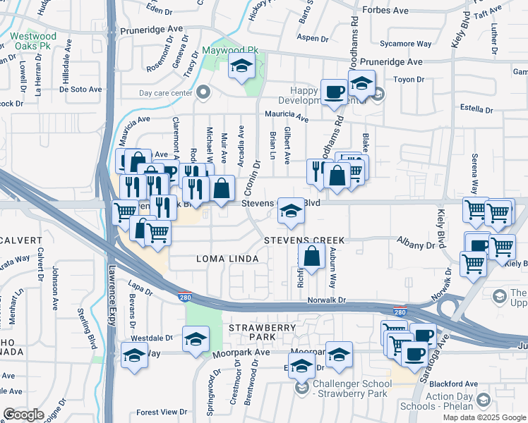 map of restaurants, bars, coffee shops, grocery stores, and more near 4650 Stevens Creek Boulevard in Santa Clara