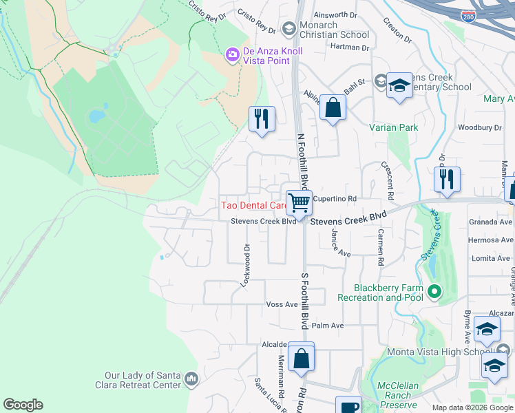 map of restaurants, bars, coffee shops, grocery stores, and more near 22672 Liberty Oak Lane in Cupertino
