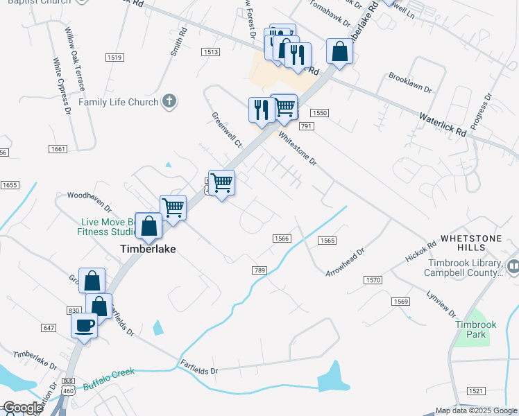 map of restaurants, bars, coffee shops, grocery stores, and more near 21934 Timberlake Road in Lynchburg