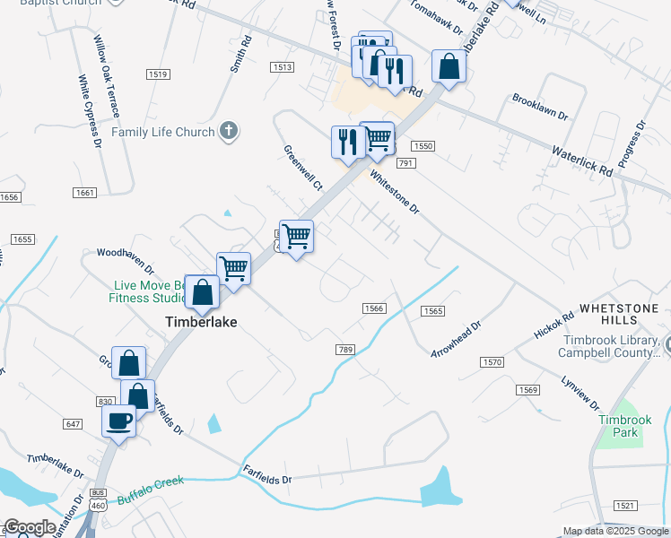 map of restaurants, bars, coffee shops, grocery stores, and more near 21934 Timberlake Road in Lynchburg