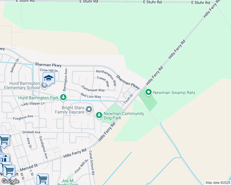 map of restaurants, bars, coffee shops, grocery stores, and more near 203 Parliament Way in Newman