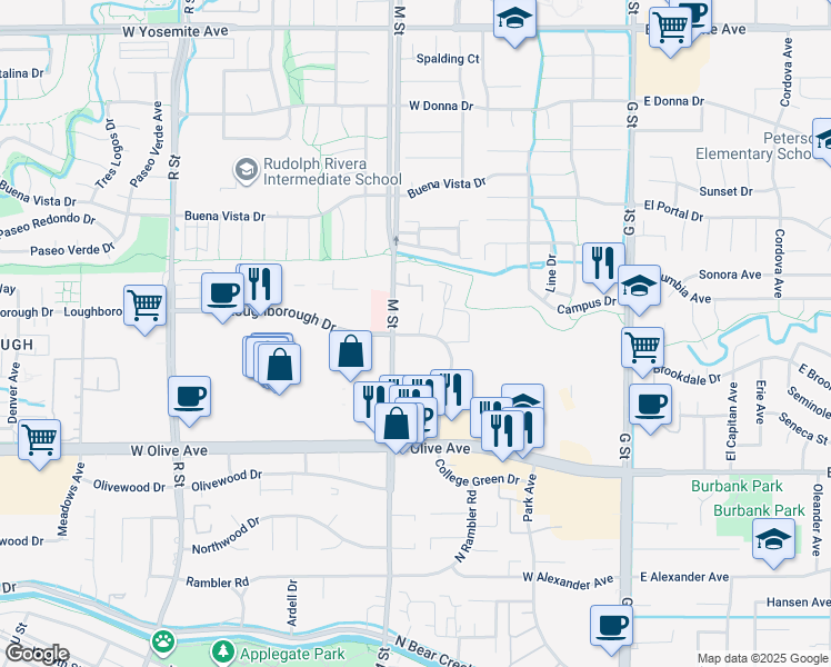 map of restaurants, bars, coffee shops, grocery stores, and more near 593 Collins Drive in Merced